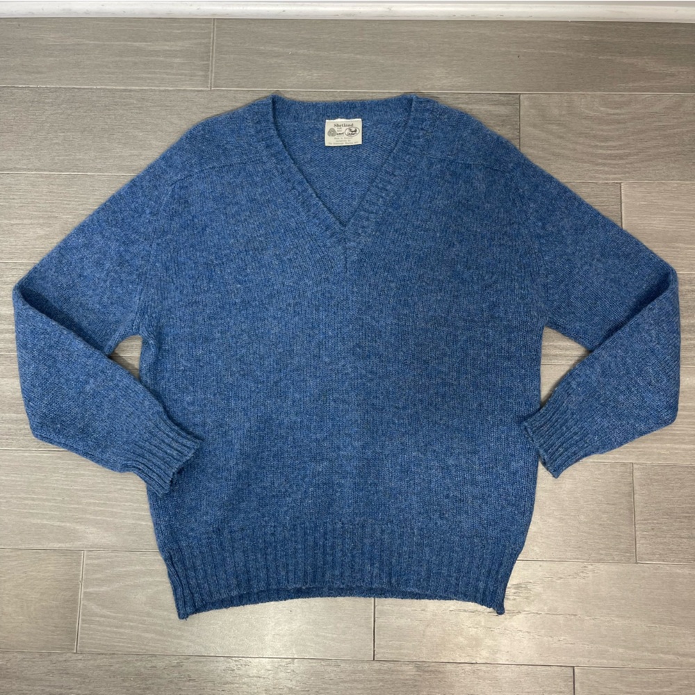 Vintage Shetland Pure New Wool V-Neck Sweater Blue Made In Scotland Classic 40 L - Picture 14 of 16